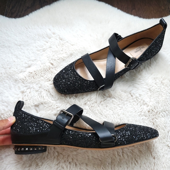 Valentino Garavani Rockstud Glitter Harness Strappy Leather Ballerina Fl… - Picture 5 of 12